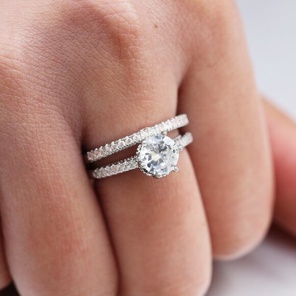 💝 Engagement Thin Shiny Gems Macro Pave Beautiful Ring for Women, EVGG1540 - Picture 2 of 5